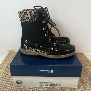 Sperry • Women's Hikerfish Boot • Black Leather / Leopard • Lace Up • Size 6M
